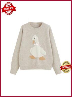 Oversized Duck Pattern Sweater Long Sleeve Round Neck Pullover
